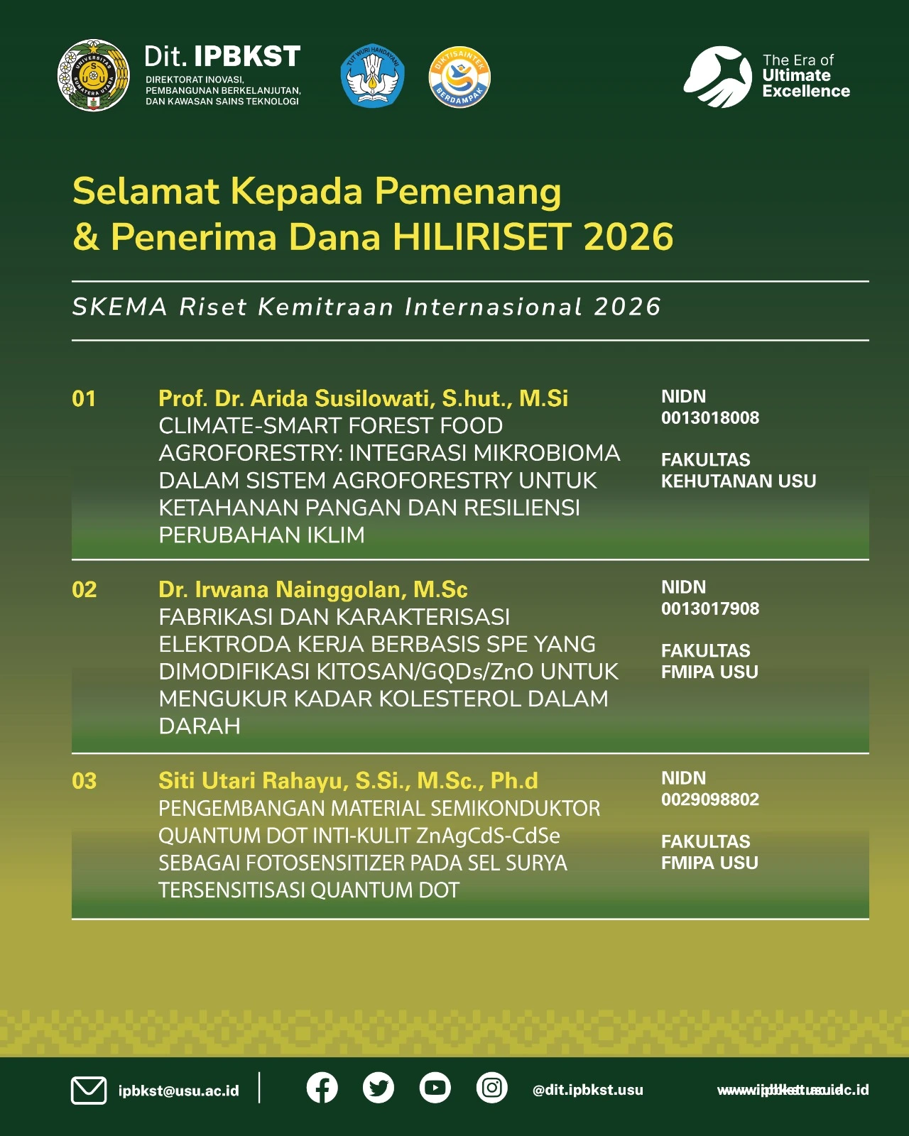 Direktorat Inovasi, Pembangunan Berkelanjutan, dan Kawasan Sains Teknologi Ucapkan Selamat kepada Penerima Pendanaan HILIRISET 2026 Skema Riset Kemitraan Internasional